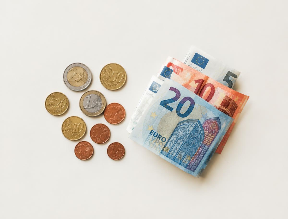 Pièces et billets d'euros posés sur une surface claire