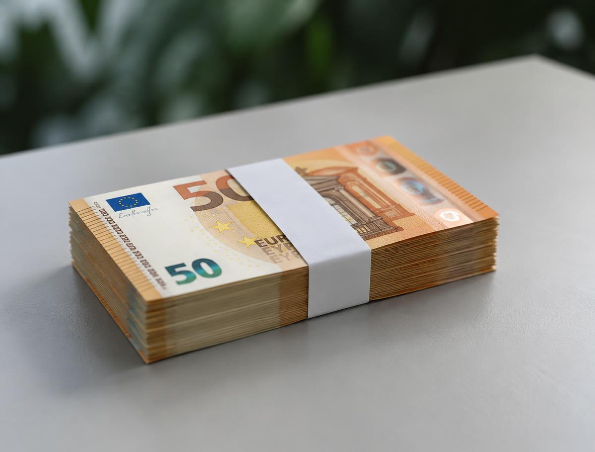 Pile de billets de 50 euros maintenue par une bande de papier